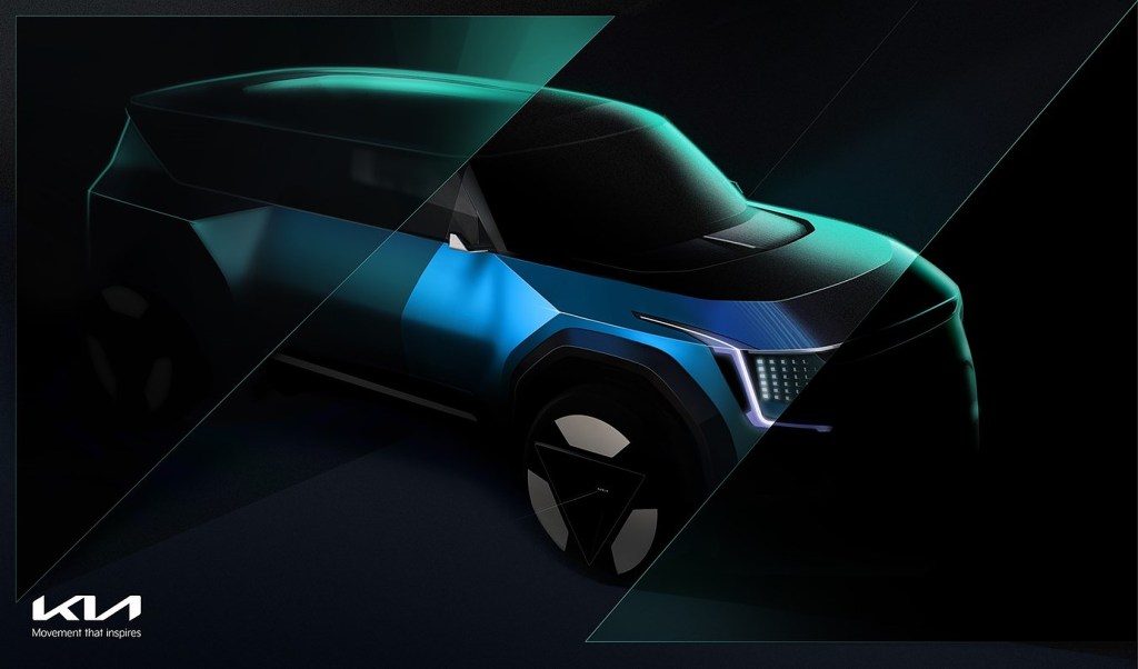 The Kia EV9 electric SUV concept photo is displayed from Kia's online teaser. It will be officially revealed November 17.