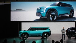 The Kia EV9 Concept car on stage during its debut at the 2021 LA Auto Show