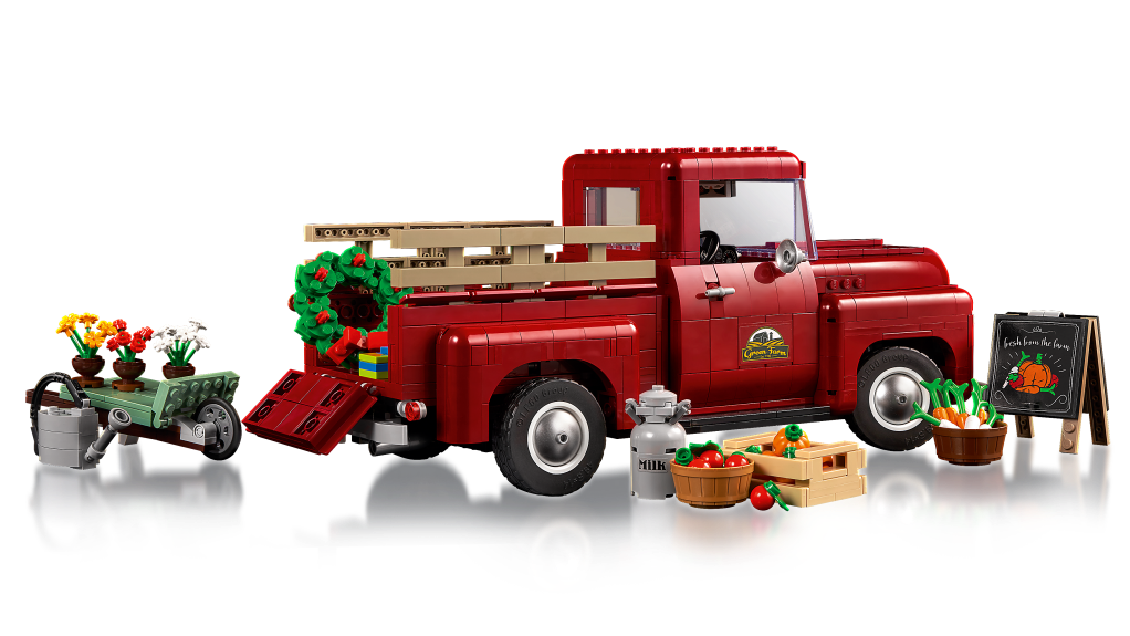 The red LEGO Pickup Truck and all its components, rearview.