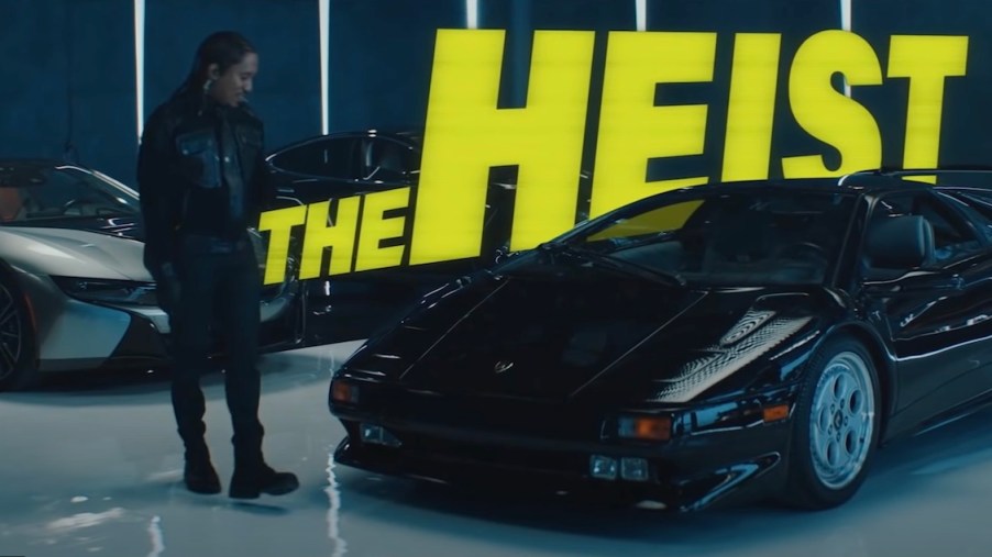 This Lamborghini Diablo has a manual transmission, the stick shift thwarts fictional car thief. | Saturday Night Live Youtube / NBC Studios