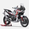 A white-red-and-black MV Agusta Lucky Explorer 9.5 on a rear-wheel stand