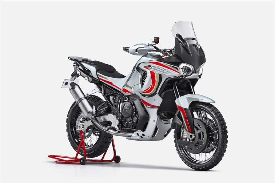A white-red-and-black MV Agusta Lucky Explorer 9.5 on a rear-wheel stand