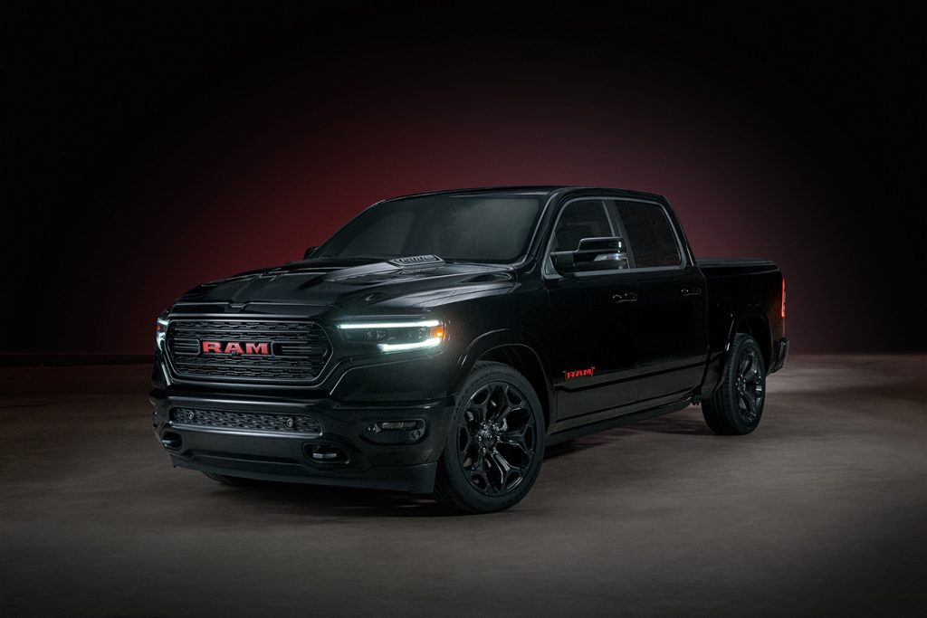 A black 2022 Ram 1500 pickup truck limited RED Edition, one of the most discounted pickup trucks right now according to Consumer Reports