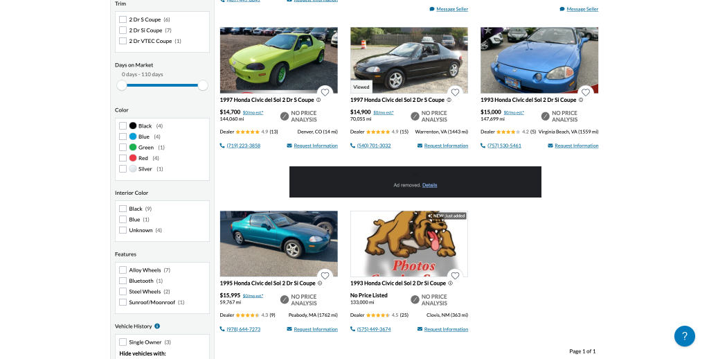 A screenshot of a nationwide CarGurus search for a Honda Del Sol that shows really high prices.