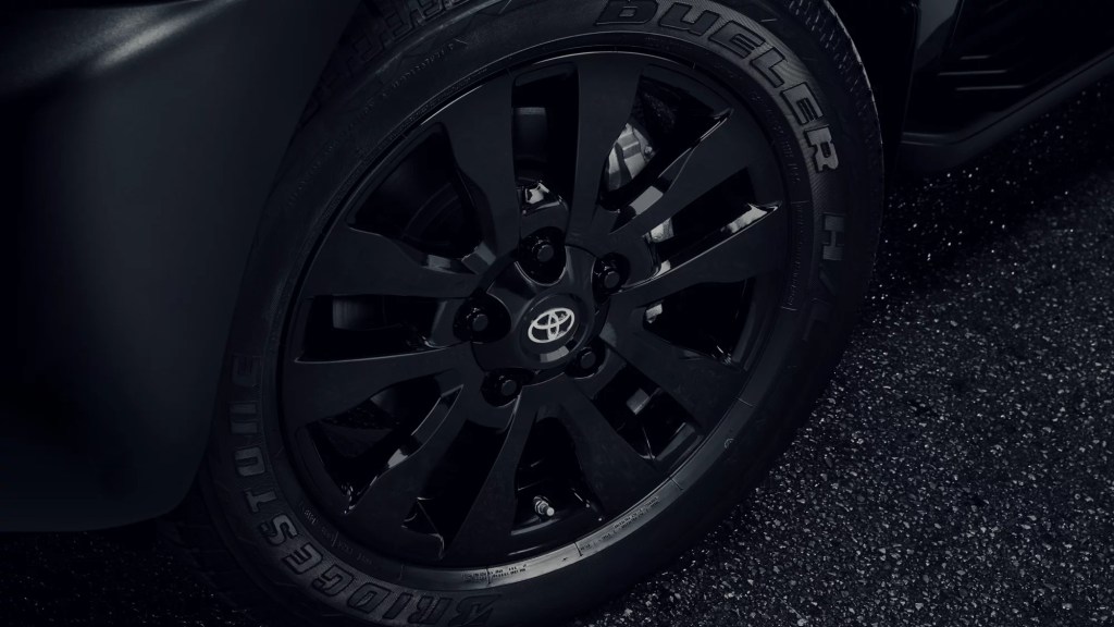 2022 Toyota Sequoia TRD Pro exclusive black alloy wheels, which are accompanied by a V8 engine.