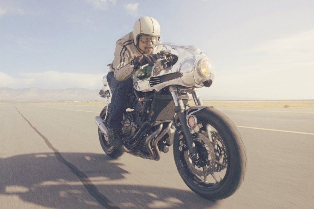 Shinya Kimura on his chrome-and-green 'Faster Son' Yamaha MT-07 custom bike