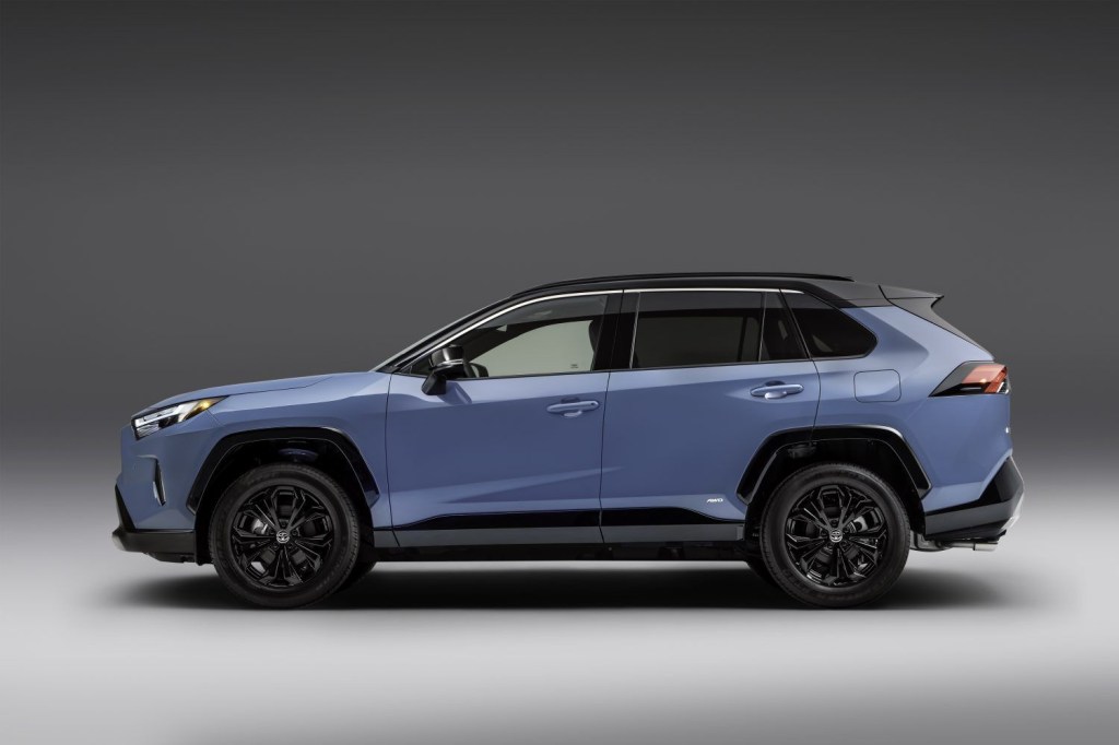 Side view of 2022 Toyota RAV4 with Cavalry Blue exterior paint color option