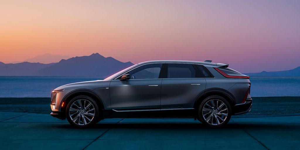 Side view of gray 2023 Cadillac Lyric electric compact SUV