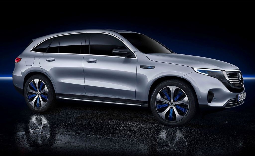 Side view of silver 2022 Mercedes-Benz EQC electric compact SUV