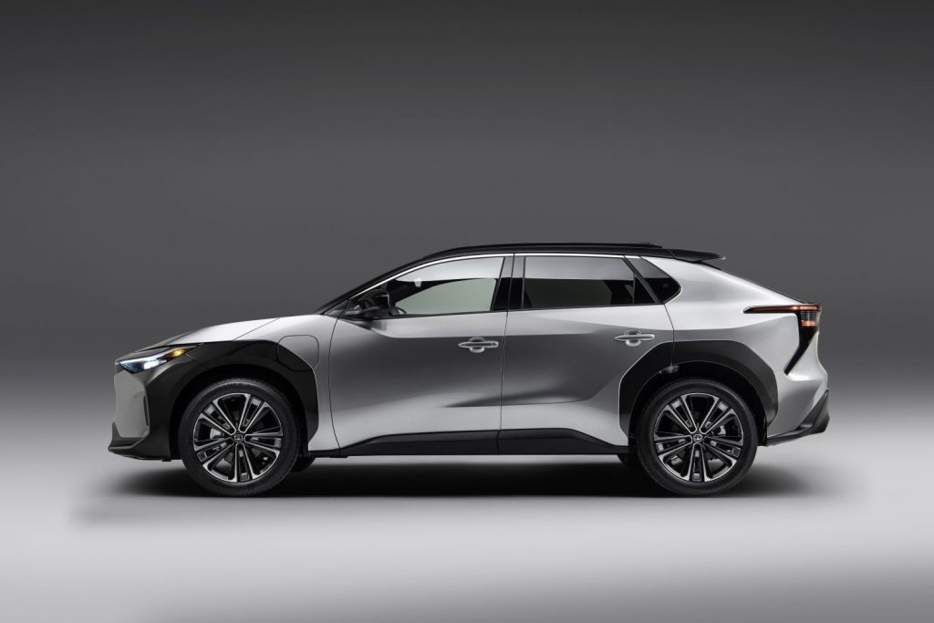 Side view of silver 2022 Toyota bZ4X crossover EV