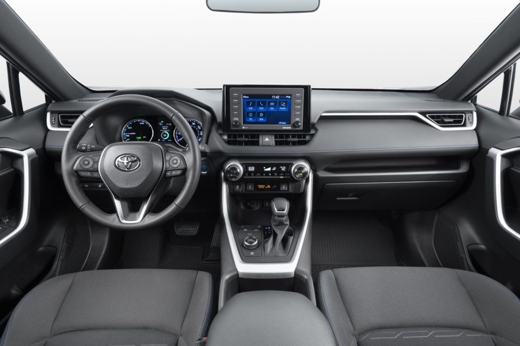 Steering wheel, touchscreen, and front seats in 2022 Toyota RAV4 SE Hybrid