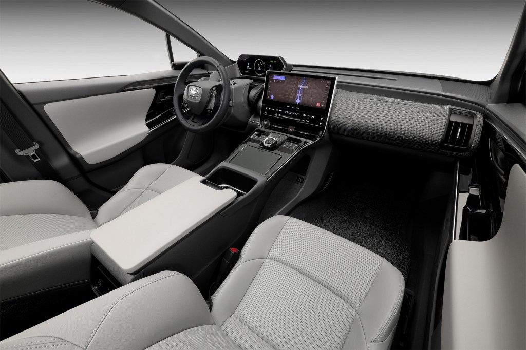 Steering wheel, touchscreen, and front seats in 2022 Toyota bZ4X