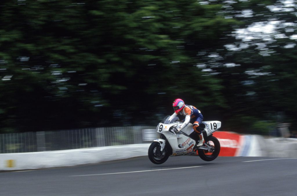 Steve Hislop on his Norton rotary motorcycle at the 1992 Isle of Man TT