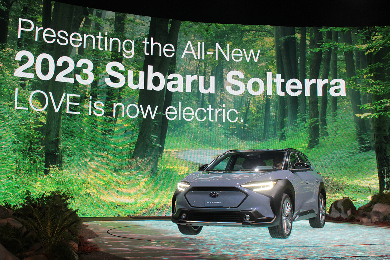 The 2023 Subaru Solterra parked on stage after its 2021 LA Auto Show debut