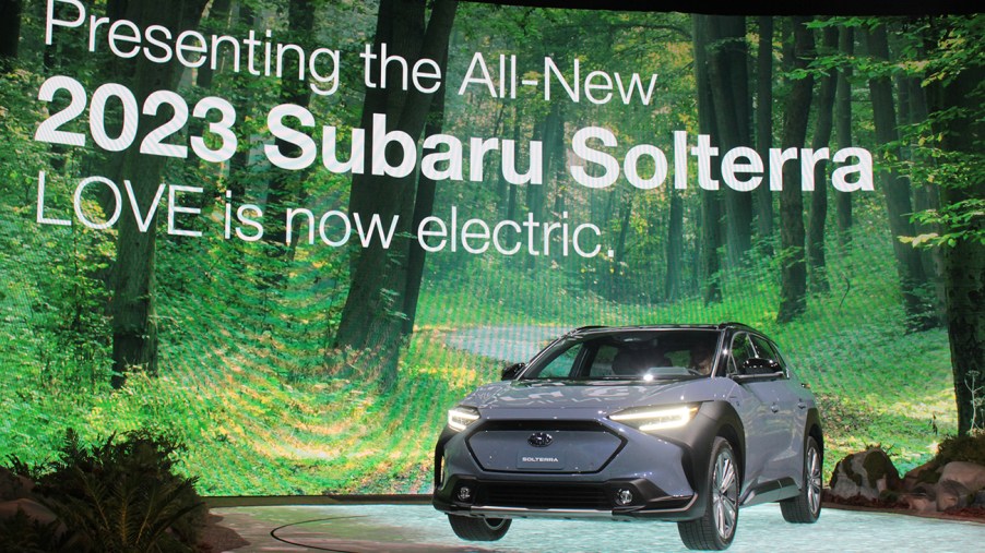 The 2023 Subaru Solterra parked on stage after its 2021 LA Auto Show debut
