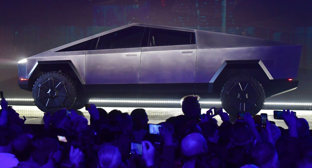 The Tesla Cybertruck is on display.