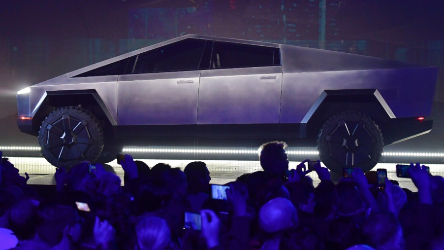 The Tesla Cybertruck is on display.
