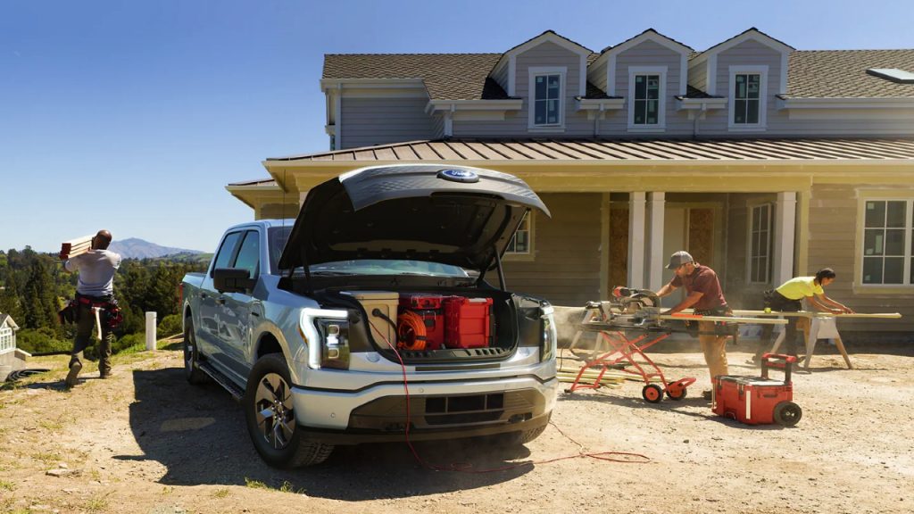 The Mega Power Frunk of a silver Ford F-150 Lightning,