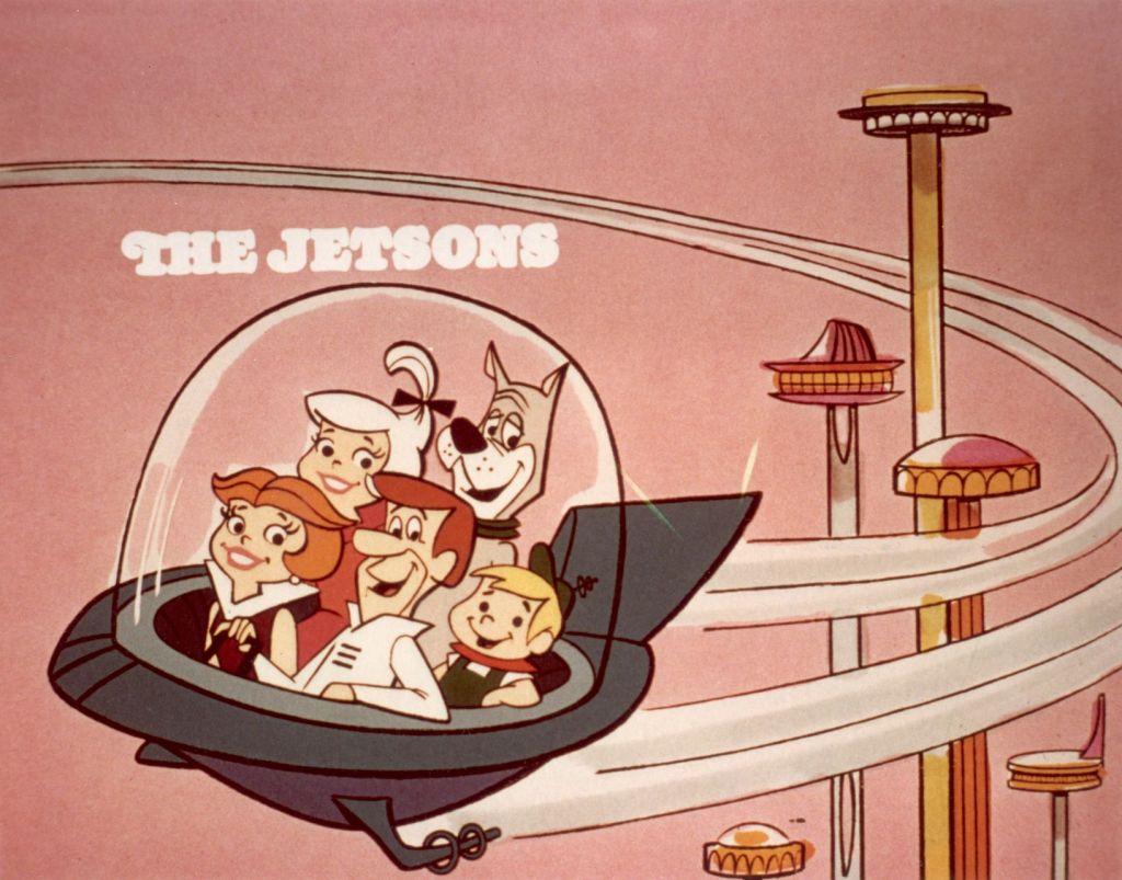 The Jetsons’ Flying cartoon car with The Jetson title above it