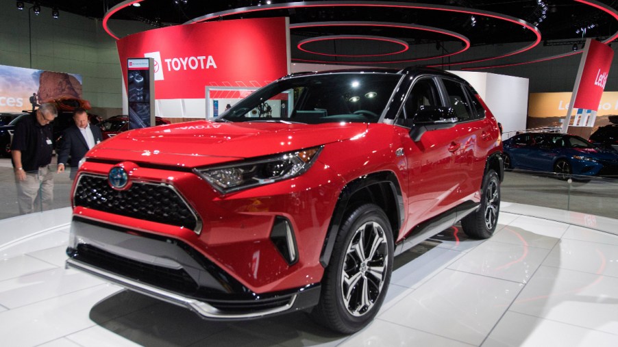 A red 2021 Toyota RAV4 Prime on display