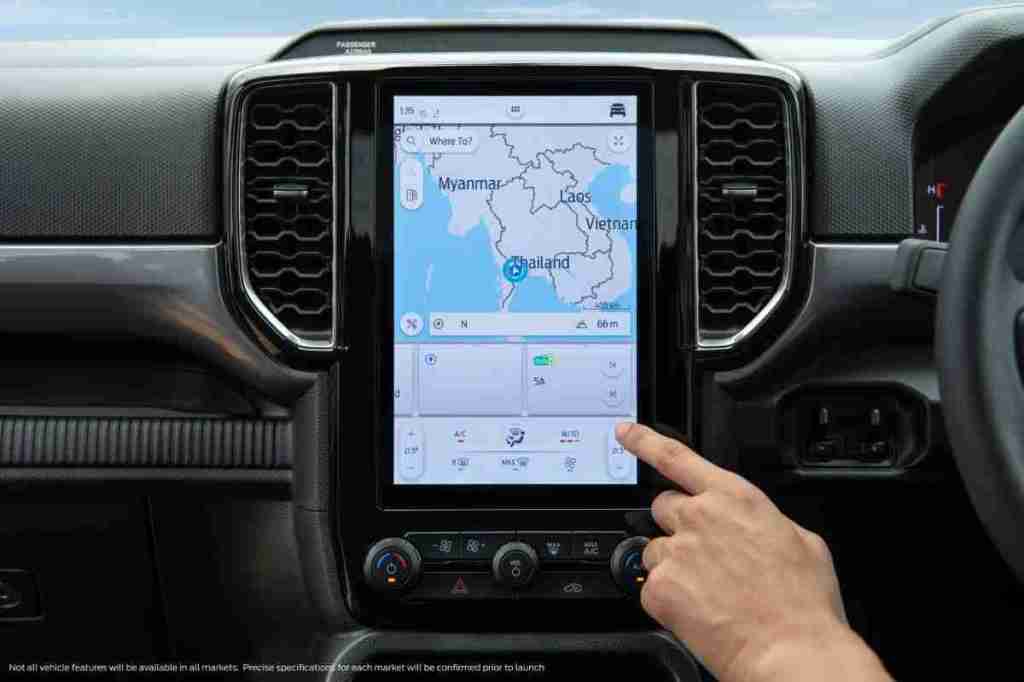 Touchscreen infotainmet system in the 2023 Ford Ranger showing a map of Thailand and Southeast Asia