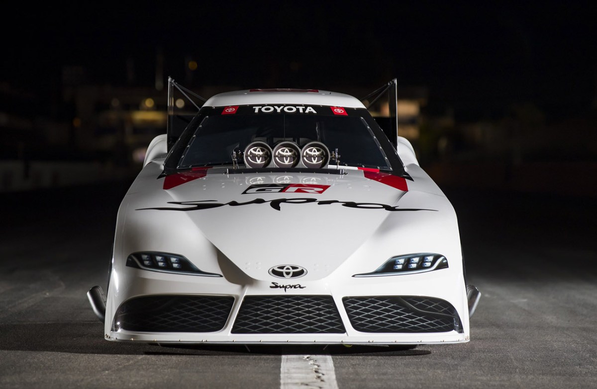 Toyota GR Supra NHRA Funny Car seen from a direct front view