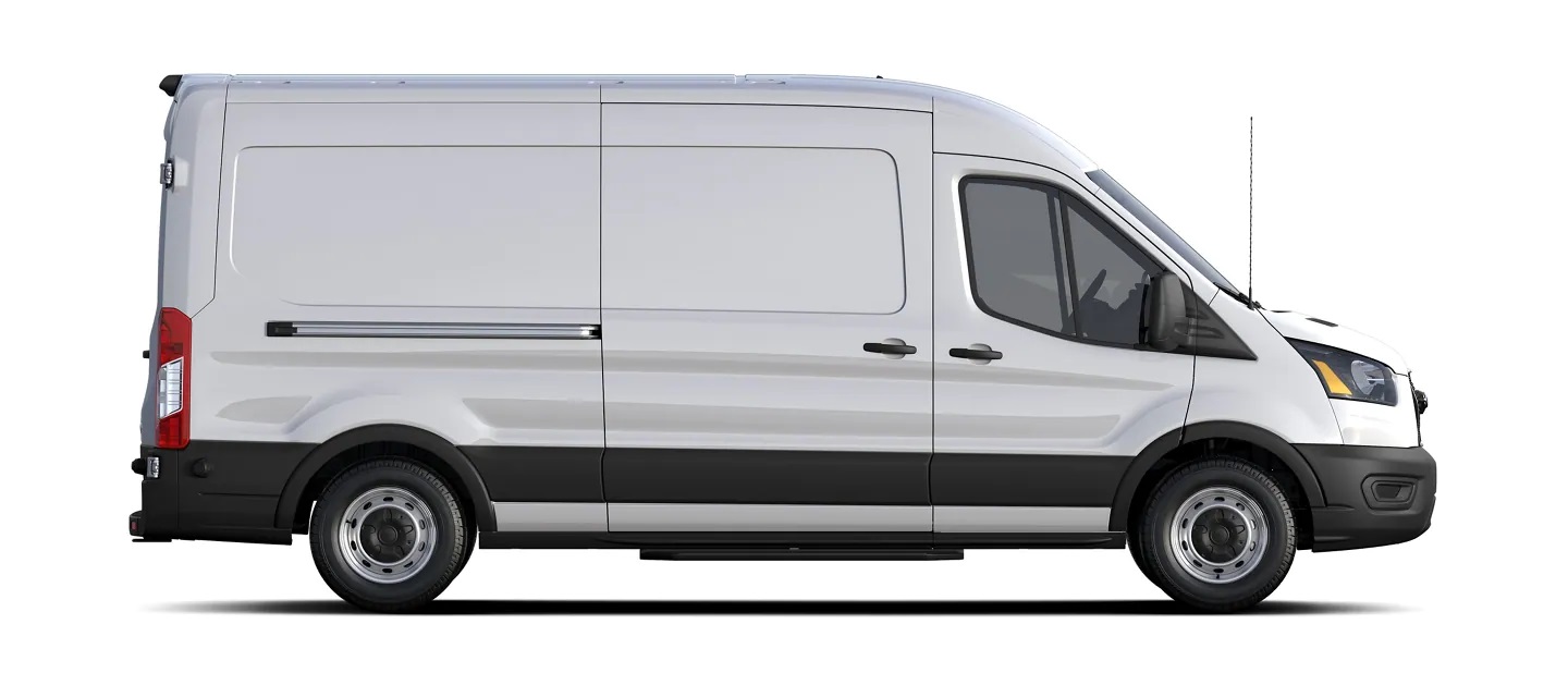 A white 2021 Ford Transit van against a white background.