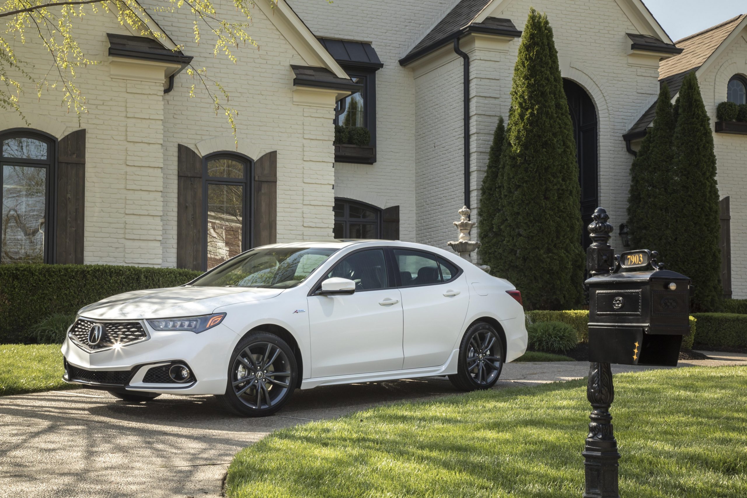 A white Acura TLX shot from the front 3/4
