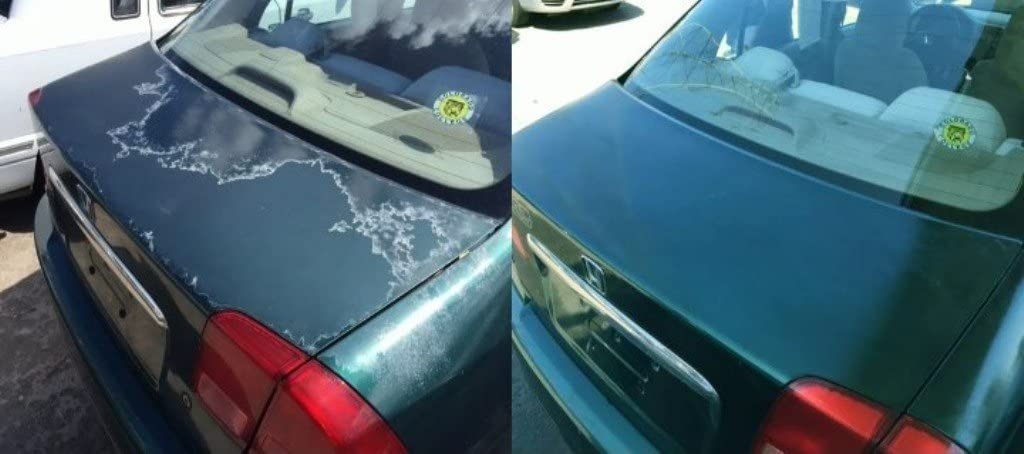 A Honda Civic trunk before and after oxidation repair 