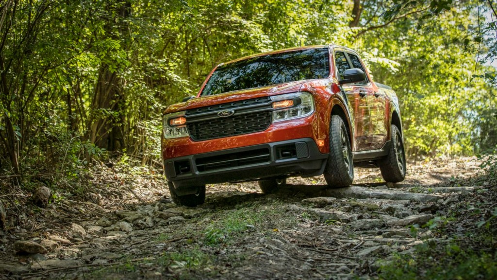 The 2022 Ford Maverick in the woods.