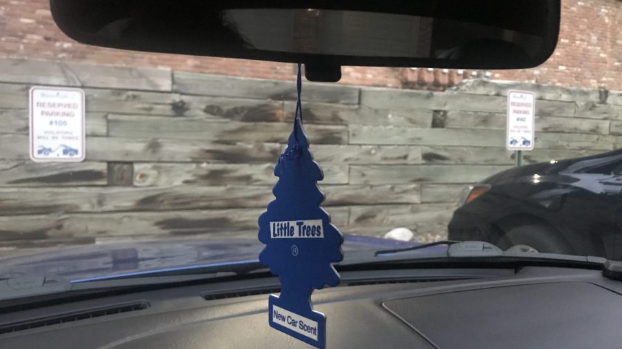 Little Tree air freshener hanging from a mirror