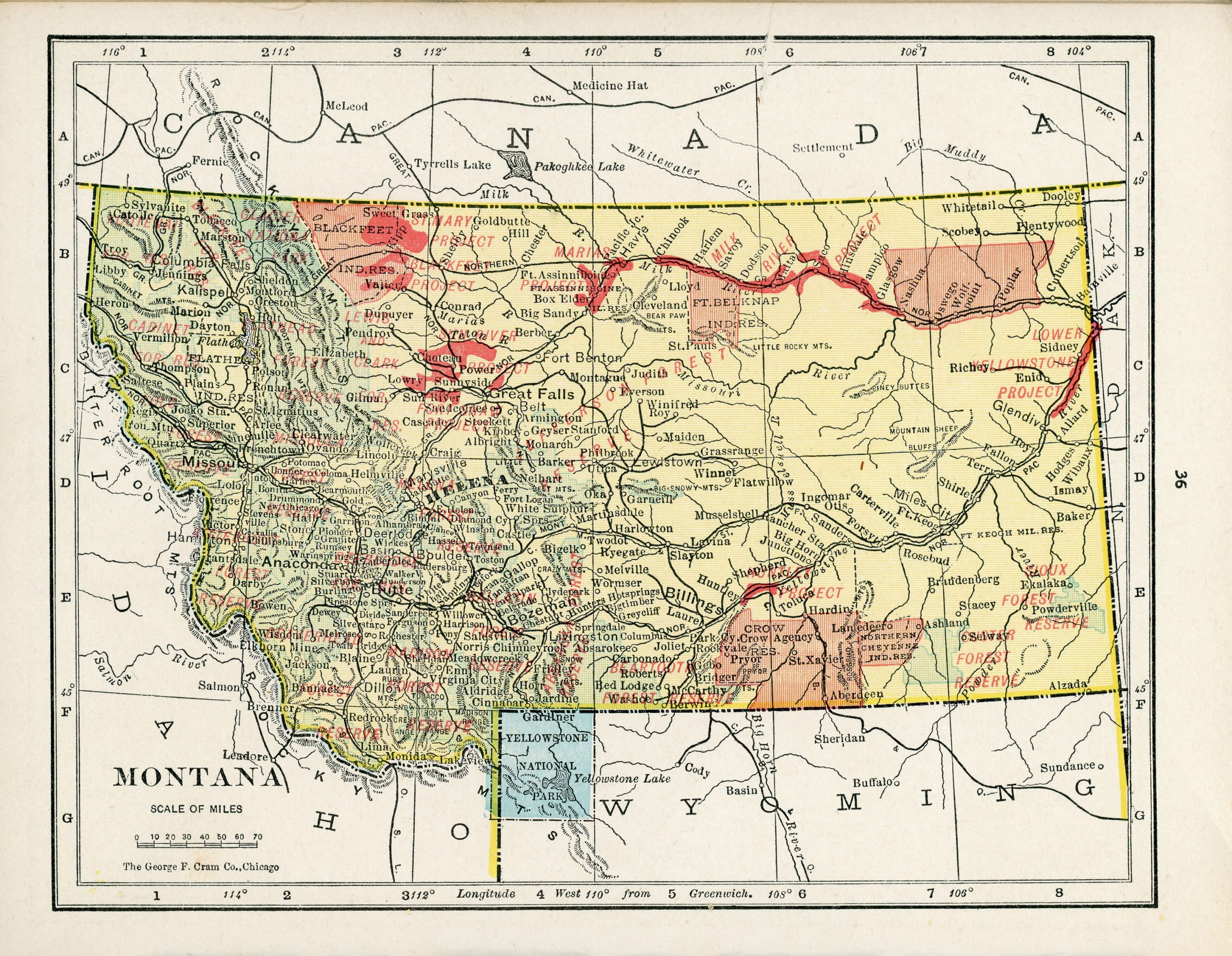 A topographical map of the state of Montana