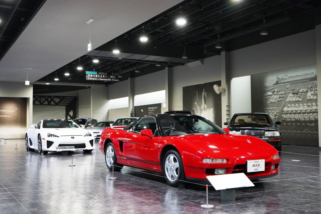 A close-up angle of the first-generation Honda NSX is on display at the Toyota Automobile Museum