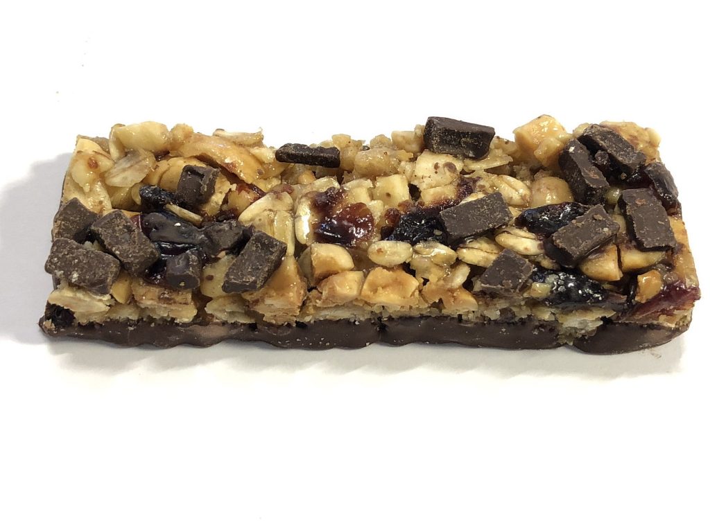 A close-up of a protein bar