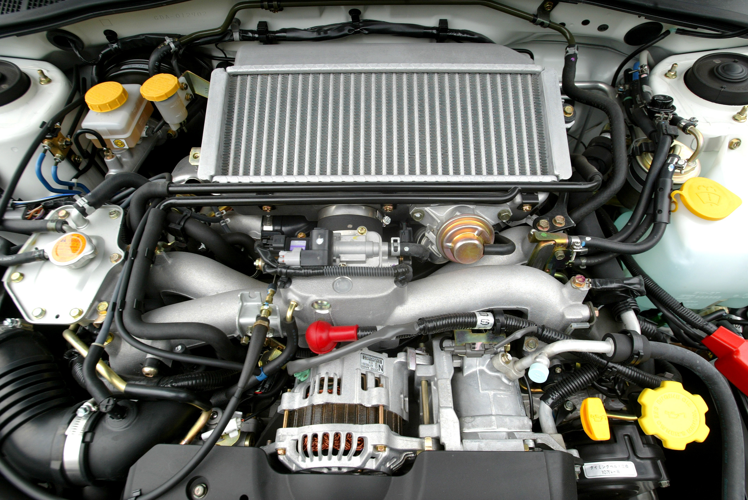 A WRX's EJ25 engine shot from the top down