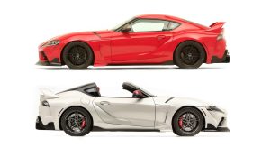 The Toyota Supra Heritage edition with Targa top in white and red, premiering at SEMA 2021