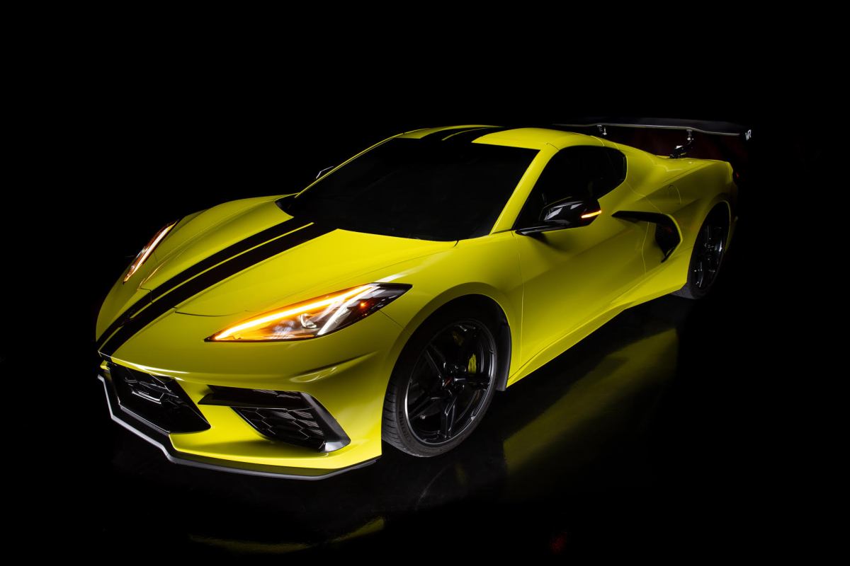 The front of a Corvette C8 with Victor Racing's active rear wing