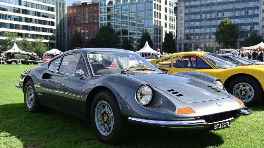 A gray 1972 Ferrari 246 Dino GT at the 2020 London Concours collector car show
