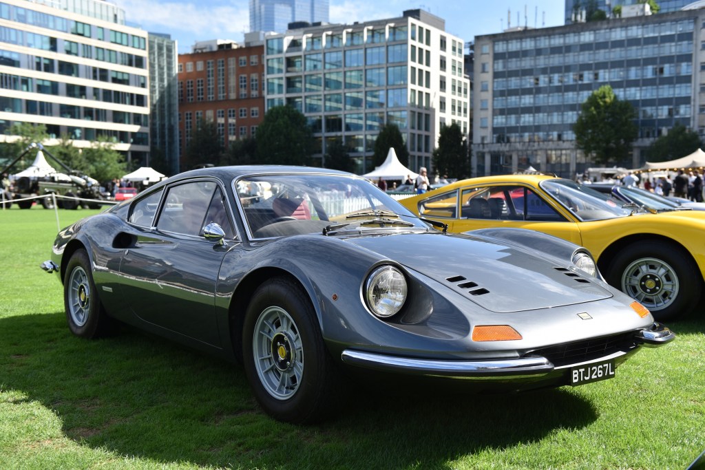 A gray 1972 Ferrari 246 Dino GT at the 2020 London Concours collector car show
