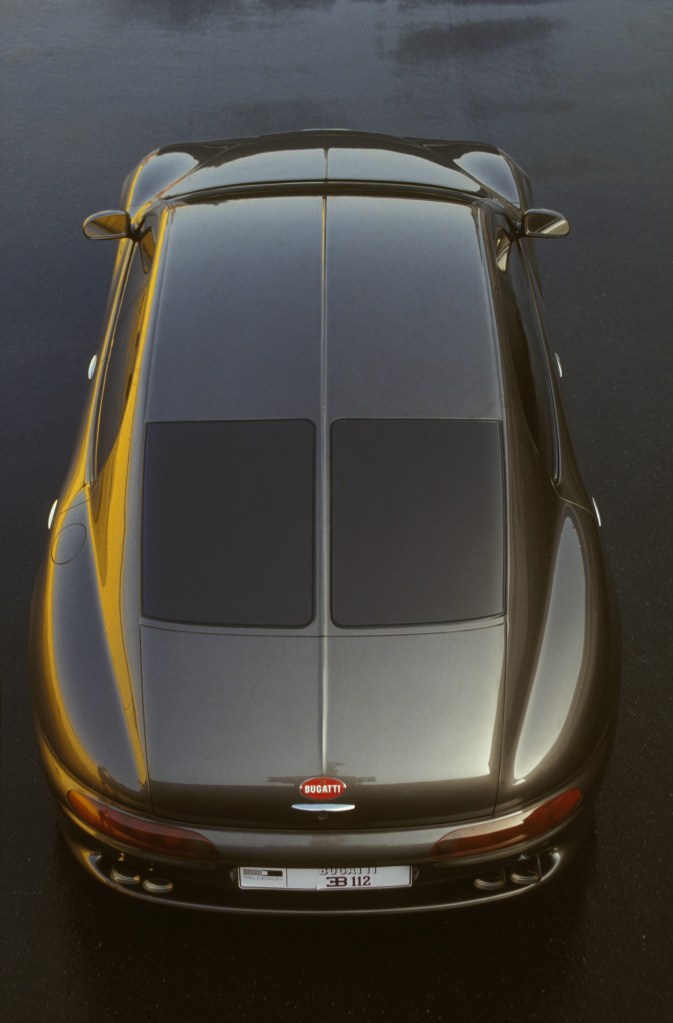 The overhead rear view of a gray 1993 Bugatti EB112
