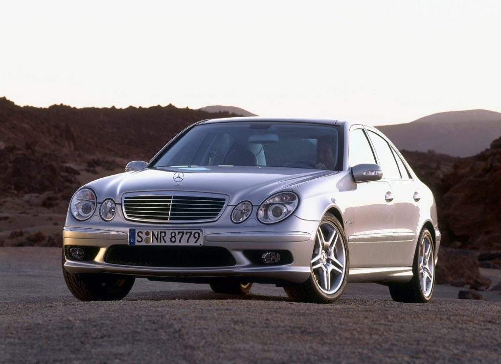 A silver 2003 Mercedes-Benz E55 AMG in the desert