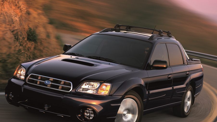 A black Baja ute, the potential inspiration for a 2023 Subaru Baja, shot from the front 3/4