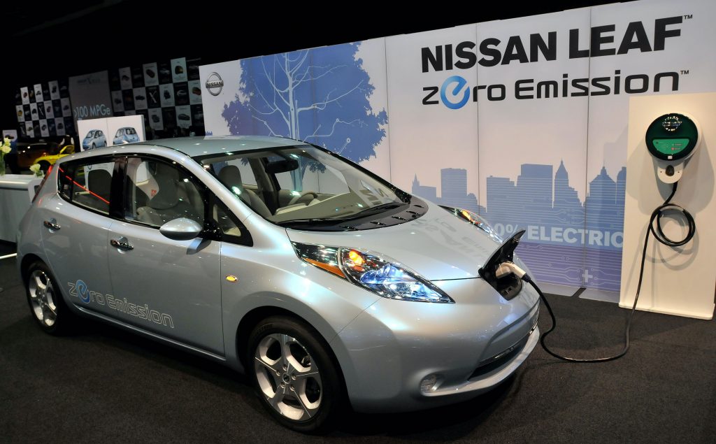 The Nissan Leaf prototype electric car was on display during the press preview for the world automotive media North American International Auto Show at the Cobo Center on January 12, 2010, in Detroit, Michigan.
