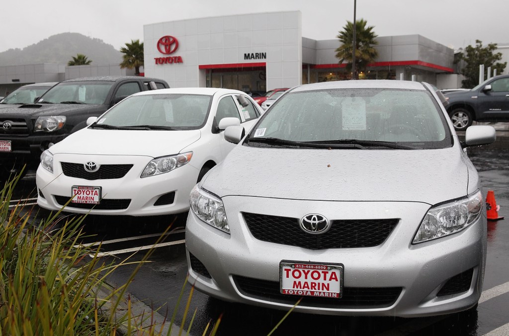 Brand new Toyota Corollas are displayed on the Toyota of Marin sales lot on January 21, 2010 in San Rafael, California.