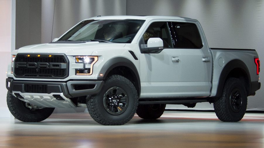 A white 2016 Ford F-150 Raptor at the US Auto Show press conference, Kanye West sold his Raptor fleet.