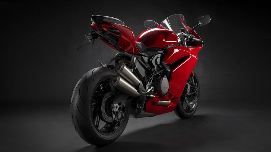 The rear 3/4 view of an accessorized red 2019 Ducati 959 Panigale