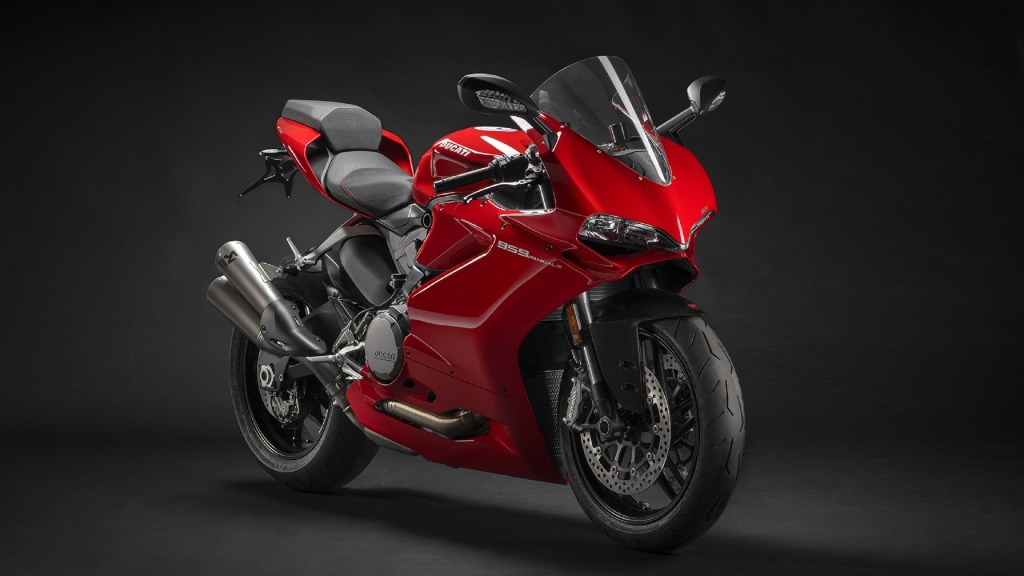A red 2019 Ducati 959 Panigale with accessories