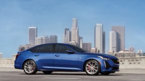A blue 2021 Cadillac CT5 in profile