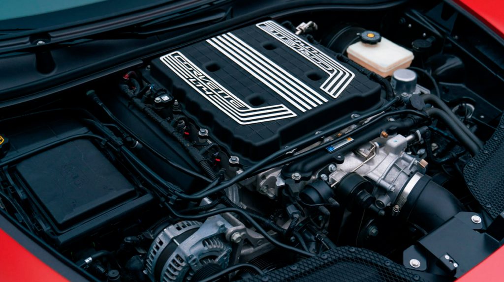 The C7 Corvette Z06 V8 under the hood of a red 2021 Iso Rivolta GT Zagato