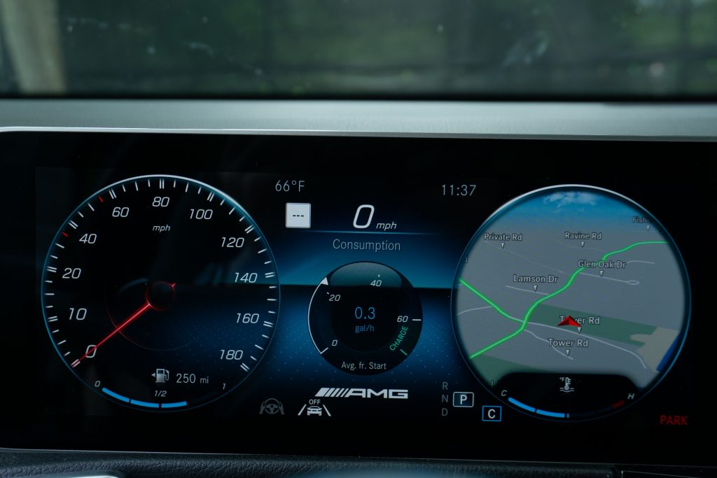 The 2021 Mercedes-AMG GLB 35's gauges with navigation selected